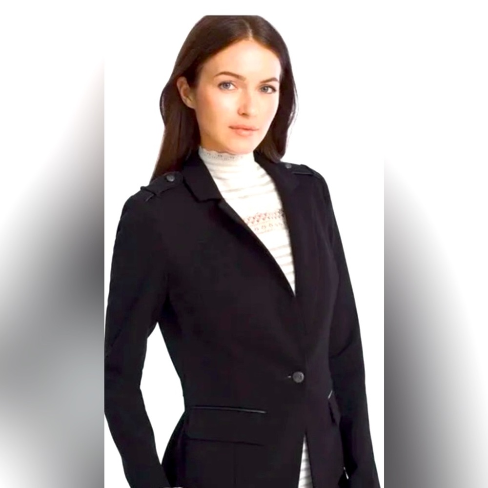 WHBM Blazer Military Blazer Black Epaulets Faux Leather Trim Ponte Crest Buttons